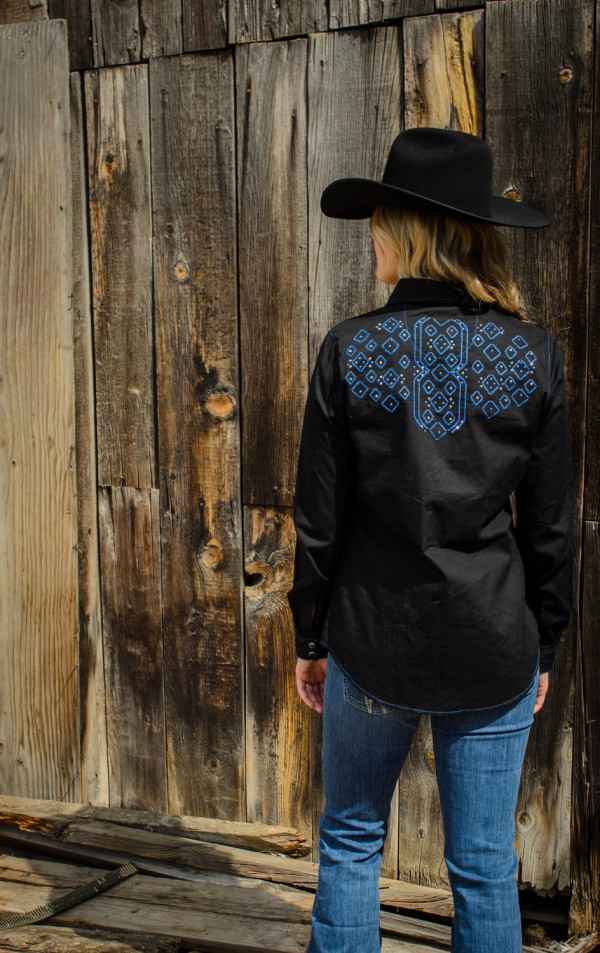 Gorgeous cobalt stitching and cobalt & silver sparkles make this shirt stand out.