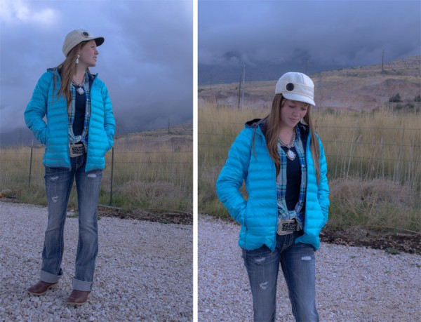 Jerica modeling a stormy October outfit: Stormy Kromer hat & Columbia Jacket