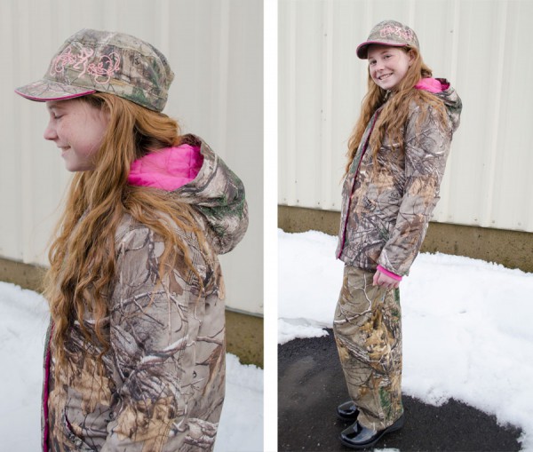 Girls' camo jacket with pink liner and ladies Browning camo hat