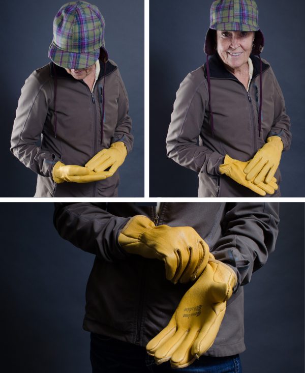 Jean modeling our Yellowstone elkskin and deerskin gloves.