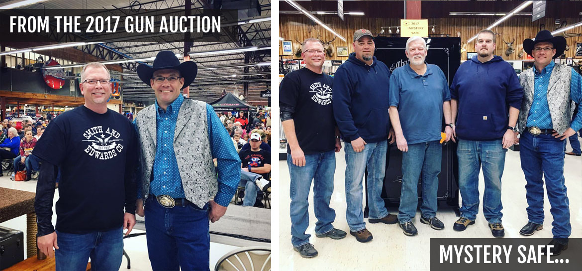 Sporting Goods Manager Mike Vause, our auctioneer, and mystery safe winners from the 2017 Gun Auction at Smith & Edwards