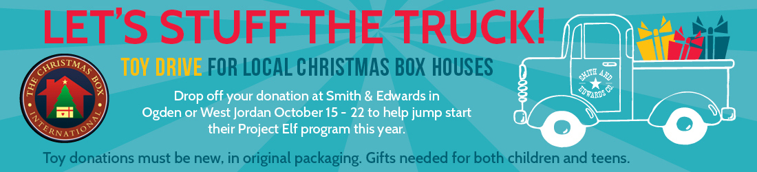 Bring donations of NEW toys and games between October 15th and 22nd. All donations will be taken to the Christmas Box Houses of Salt Lake and Ogden for at-risk children and teens in Northern Utah.