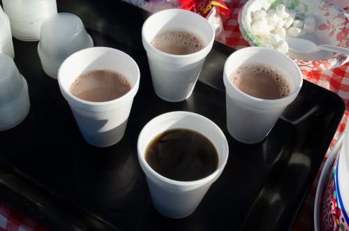 Steaming-hot hot chocolate and coffee make even a brisk morning warm.