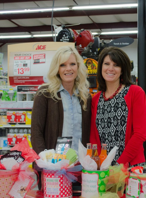 Bonnie and Leslie with their fun Neighbor Gifts made with paint cans wrapped in All Wrapped Up wrapping paper!