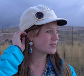 Turquoise earrings and Stormy Kromer hat for fall