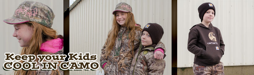Kids' Camo, Carhartt, and Polypropelene Thermals to stay warm and cool!