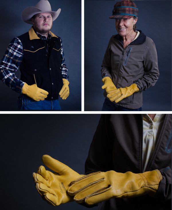 Kevin and Jean modeling our Yellowstone elkskin and deerskin gloves.