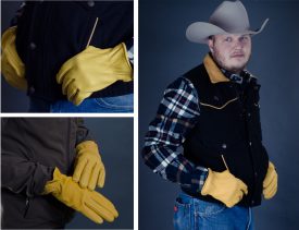 Kevin modeling our Yellowstone elkskin and deerskin gloves.