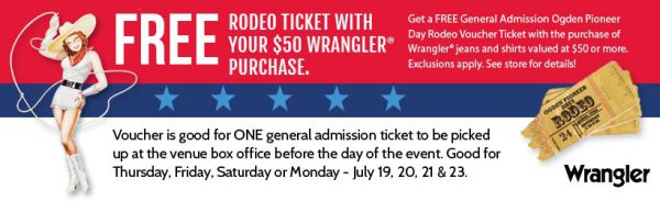 Spend $50 on Wrangler apparel at Smith & Edwards, get an Ogden Pioneer Days Rodeo ticket voucher!