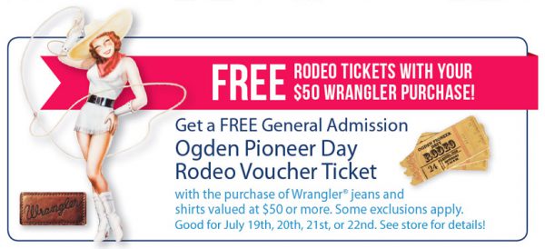Spend $50 on Wrangler apparel at Smith & Edwards, get an Ogden Pioneer Days Rodeo ticket voucher!