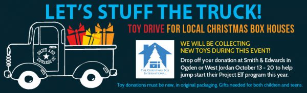 Bring donations of NEW toys and games between October 13th and 20th. All donations will be taken to the Christmas Box Houses of Salt Lake and Ogden for at-risk children and teens in Northern Utah.